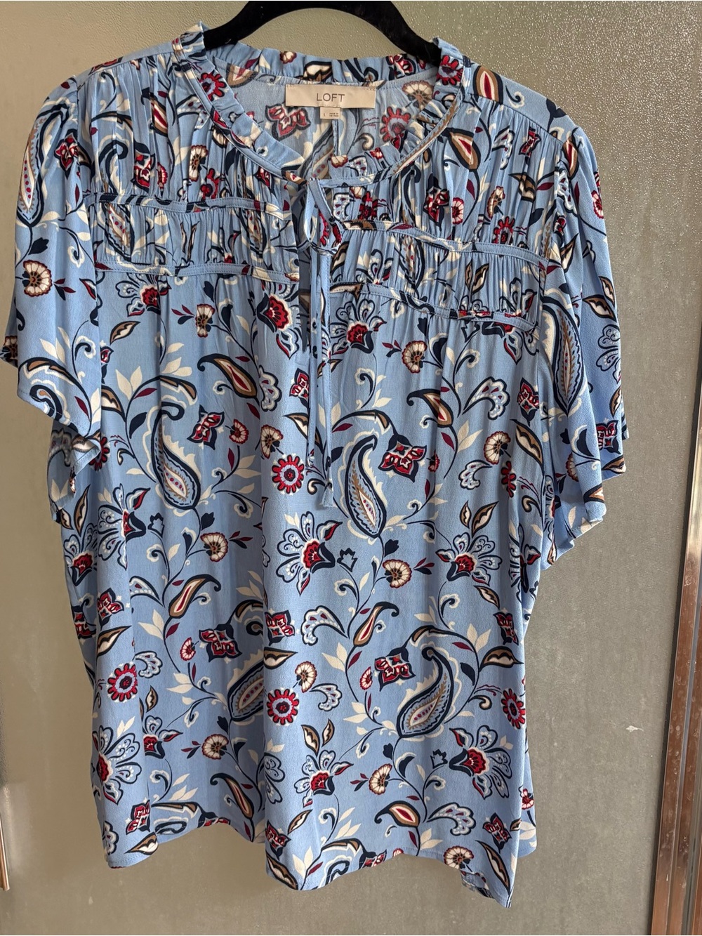 LOFT Light Blue Paisley & Floral Tie-Neck Blouse